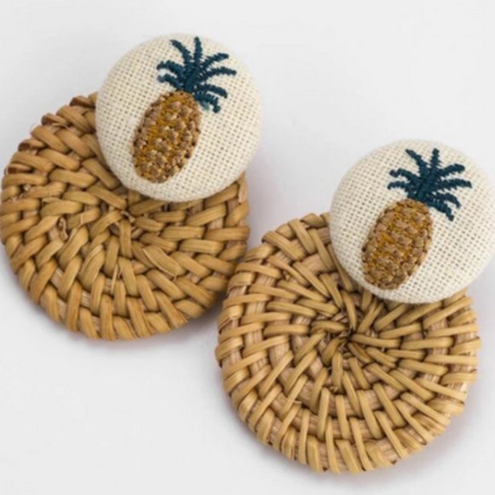 Handmade Pineapple Drop Earrings For Women Wooden Straw Weave Rattan Earring